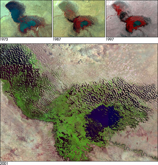 The drought diminishing Lake Chad — from 1973 to 2001, primarily in Chad, Central Africa.
Shown in a composite of NASA satellite images.