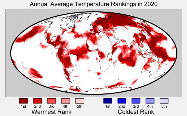 Regions of the world among the five warmest (reds) of five coolest (blues) on record for average annual temperatures in 2020. Figure from Berkeley Earth.