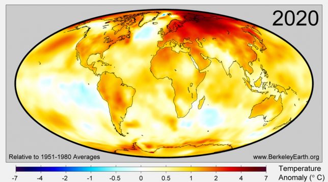 Surface temperature anomalies for 2020 from Berkeley Earth. Note that Berkeley uses a 1951-1980 baseline to calculate anomalies.