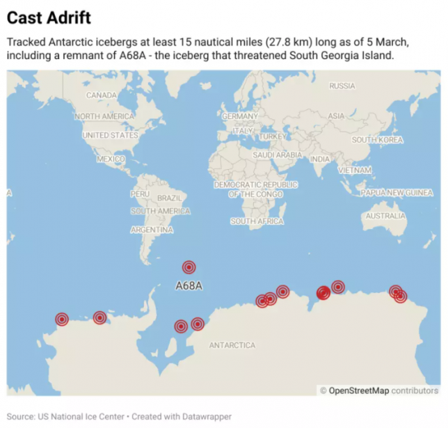 Cast Adrift: Tracked Antarctic icebergs at least 15 nautical miles (27.8 km) long as of 5 March, including a remnant of A68A - the iceberg that threatened South Georgia Island.