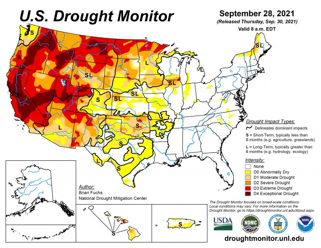 U.S. Drought Monitor, September 28, 2021. Author: Brian Fuchs, National Drought Mitigation Center.