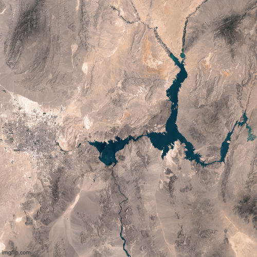 Persistent drought has contributed to the ongoing drawdown of Lake Mead—a large reservoir straddling the Nevada and Arizona border. The decline is visible in these images, acquired 15 years apart with instruments on Landsat satellites. The top image was acquired July 24, 2015 with the Operational Land Imager (OLI) on the Landsat 8 satellite. The middle image was acquired July 6, 2000, with the Enhanced Thematic Mapper Plus on Landsat 7. During this period, the lake’s elevation (measured near the Hoover Dam), dropped by about 37 meters (120 feet). Turn on the image comparison tool to see how the drop in water level has changed the lake’s perimeter.