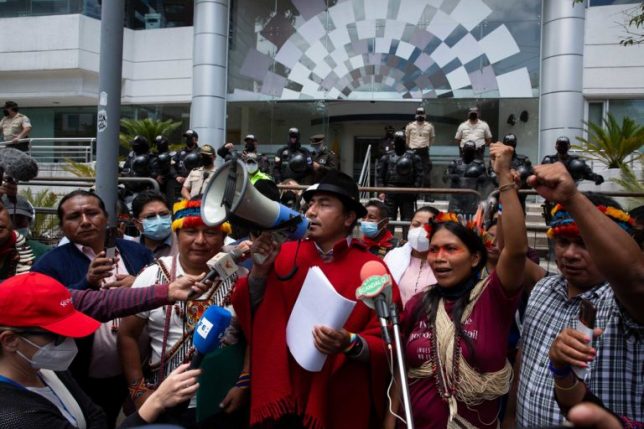 Indigenous leader and CONAIE President Leonidas Iza and other Indigenous leaders hold a press conference outside the Constitutional Court before filing their lawsuit against Ecuador’s President Guillermo Lasso, October 18th 2021. Photo Mitch Anderson / Amazon Frontlines