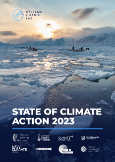 The cover of the State of Climate Action 2023 report, featuring global climate targets and urgent action steps.