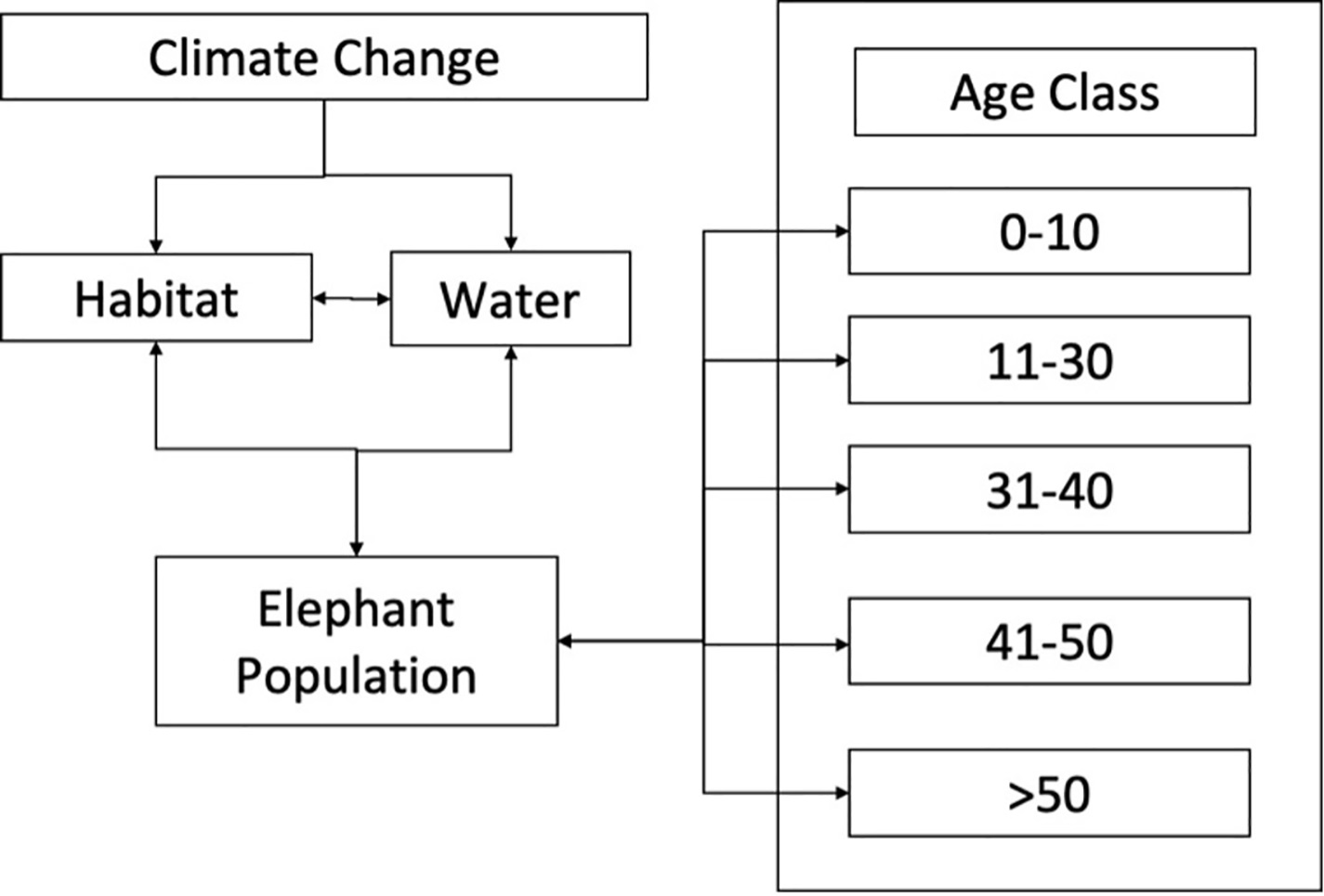 Conceptual model for population dynamics of elephants in GVL, linking climate, habitat changes, and resource variability to population shifts over 50 years.