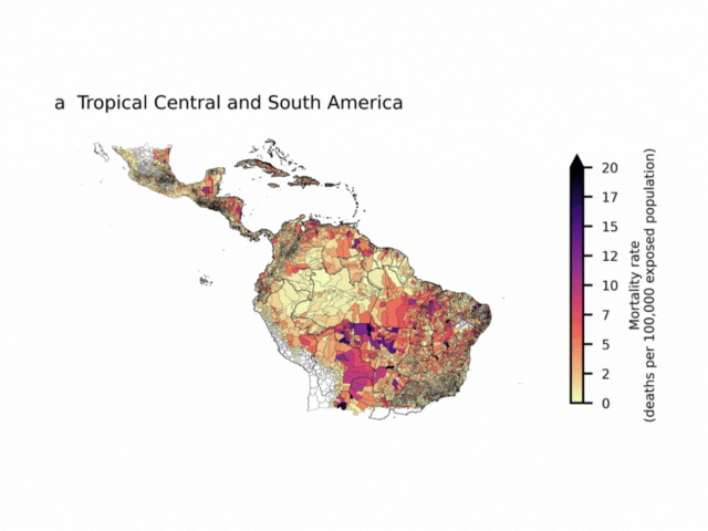 Animated map showing heat-related mortality rates linked to deforestation across Tropical Central and South America, with darker colors representing higher deaths per 100,000 people.